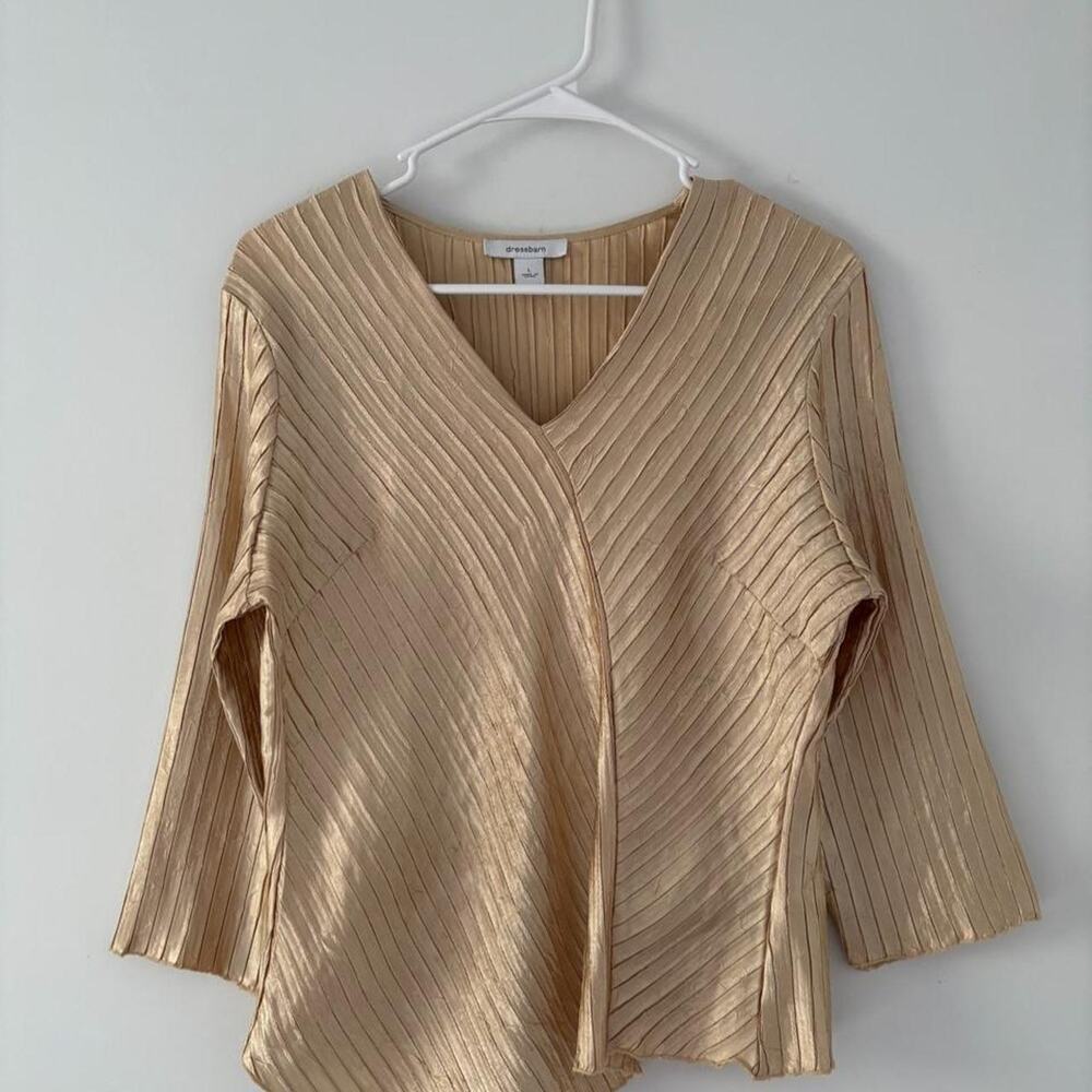 Dressbarn Women's Gold Pleated V-Neck Blouse Size L